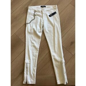 For4 NYC Los Angeles Crop Jeans White Zip Ankle Chain Embellishment Size 26‎